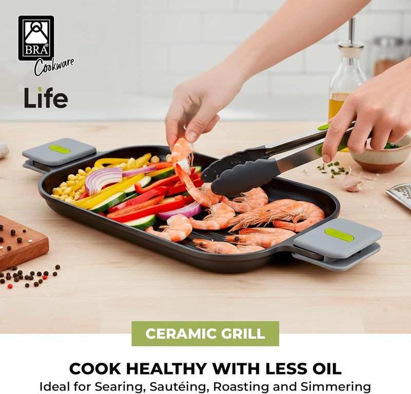 BRA COOKWARE Life Ceramic Nonstick Grill | 12.6 x 9.4 Inch Recycled Cast Aluminum Smooth Plate | Ceramic Non-Stick | Ceramic Non-Stick Coating | PFOA Free | All Cooktops| Removable Handles - Image 4